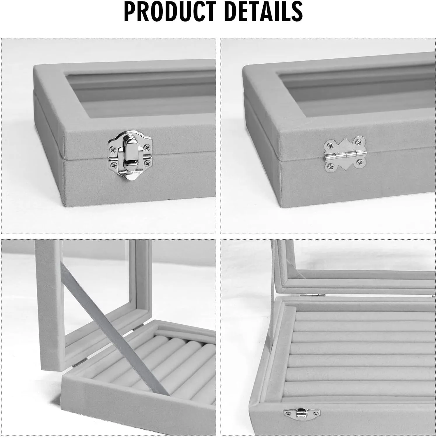 Rings Organizer Tray 7 Slots Velvet Jewelry Earring Storage Box with Transparent lid Jewelry Display Case for Girls Wife Mom Women (Grey)