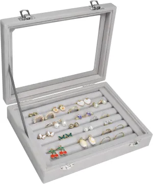 Rings Organizer Tray 7 Slots Velvet Jewelry Earring Storage Box with Transparent lid Jewelry Display Case for Girls Wife Mom Women (Grey)