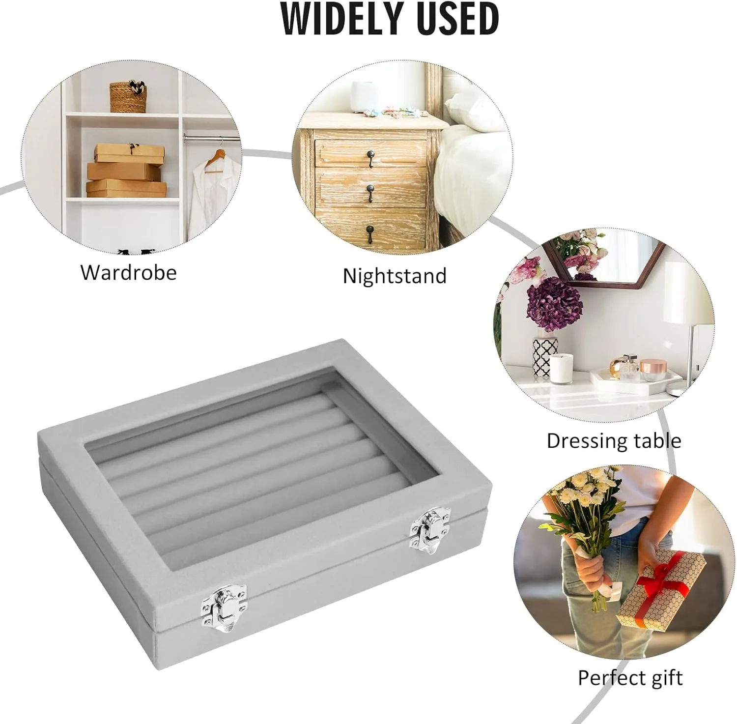 Rings Organizer Tray 7 Slots Velvet Jewelry Earring Storage Box with Transparent lid Jewelry Display Case for Girls Wife Mom Women (Grey)
