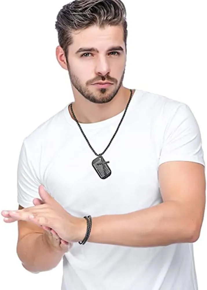 Rockyu Men's Necklace, Gold, Black, Blue, Cross Crucifix Bible Motif Pendant, Stainless Steel, Protection Against Evil, Charm Necklace, Christianity, Ancient Fashion, Christmas, Bon Festival,