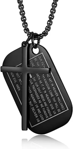 Rockyu Men's Necklace, Gold, Black, Blue, Cross Crucifix Bible Motif Pendant, Stainless Steel, Protection Against Evil, Charm Necklace, Christianity, Ancient Fashion, Christmas, Bon Festival,