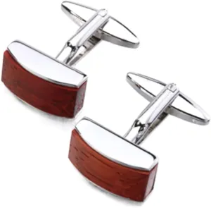 Rockyu Men's Stylish Red Wooden and Silver Square Cufflinks Stainless Steel French Style Business Accessories