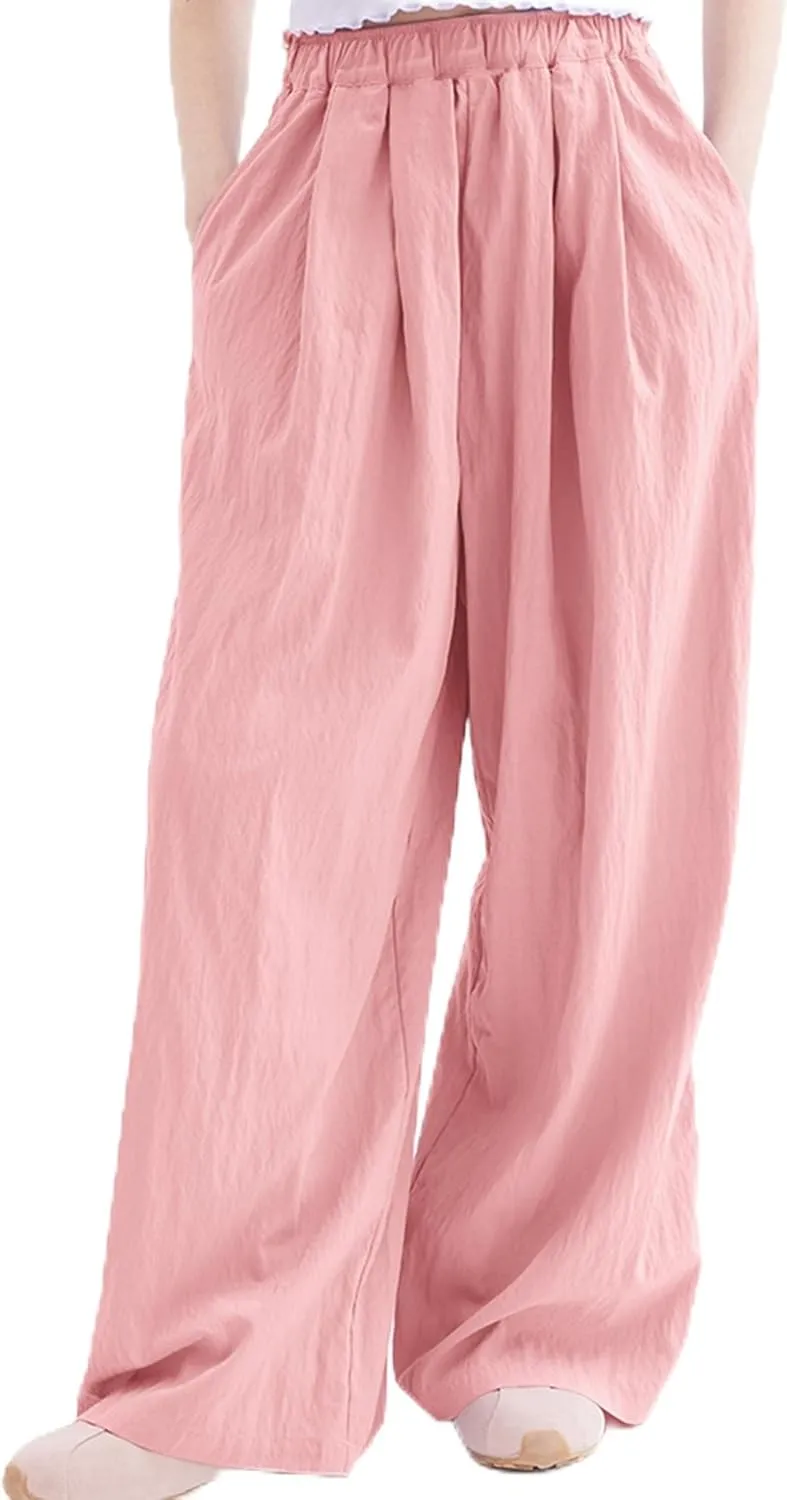 Rolanko Girls Wide Leg Pants Flowy Loose Fit Palazzo Pants for Girls Kids Linen Trousers Casual Beach 6-14Y
