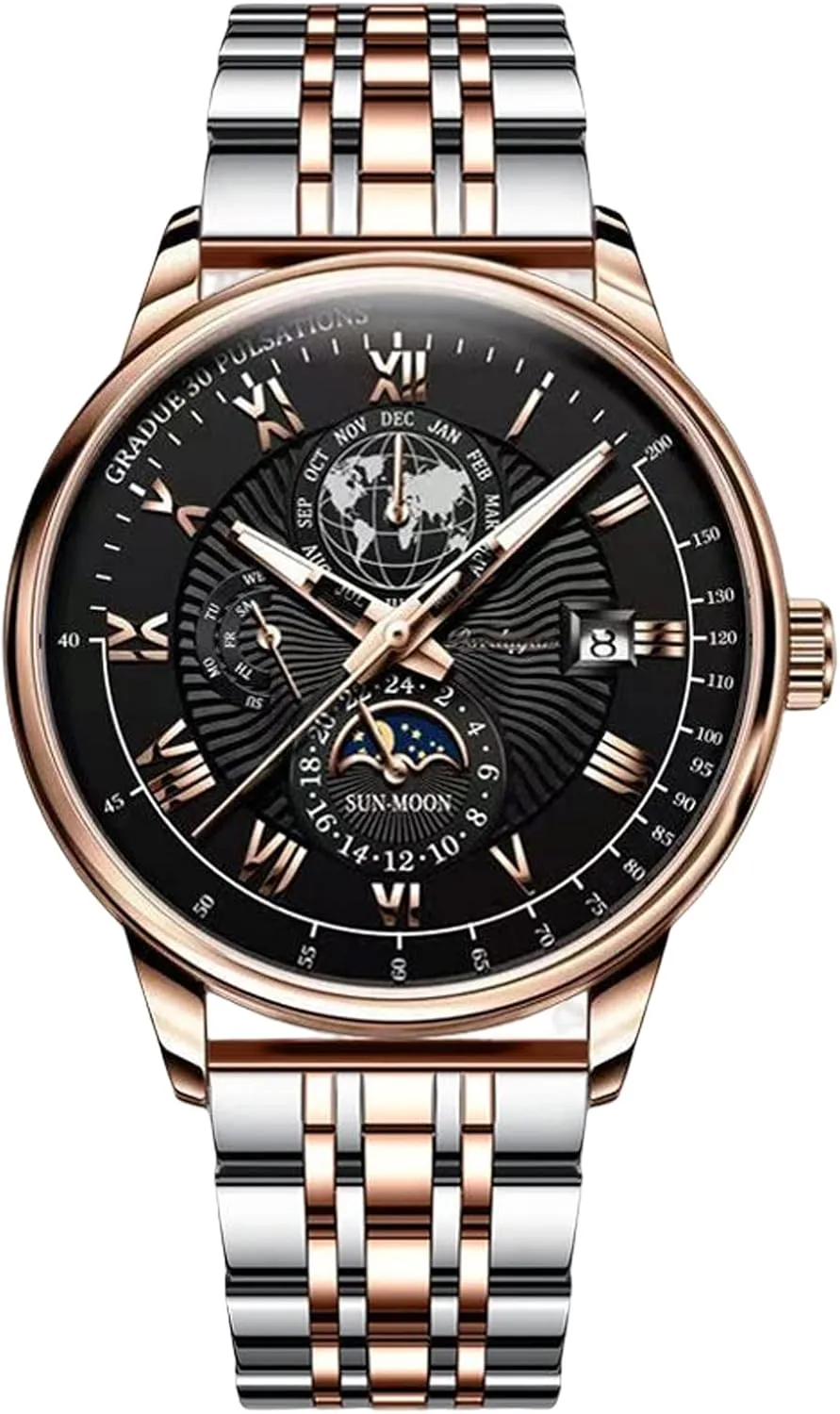 RORIOS Business Mens Watches Luminous Watch with Stainless Steel Band Waterproof Quartz Wrist Watch for Men