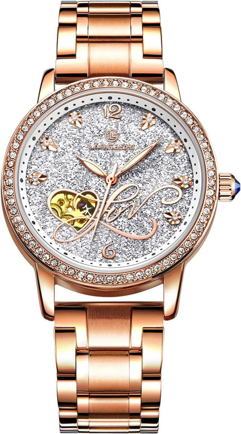 RORIOS Women Automatic Mechanical Watch Shining Starry Sky Luminous Simulated Diamond Dial Stainless Steel Strap Ladies Wristwatches