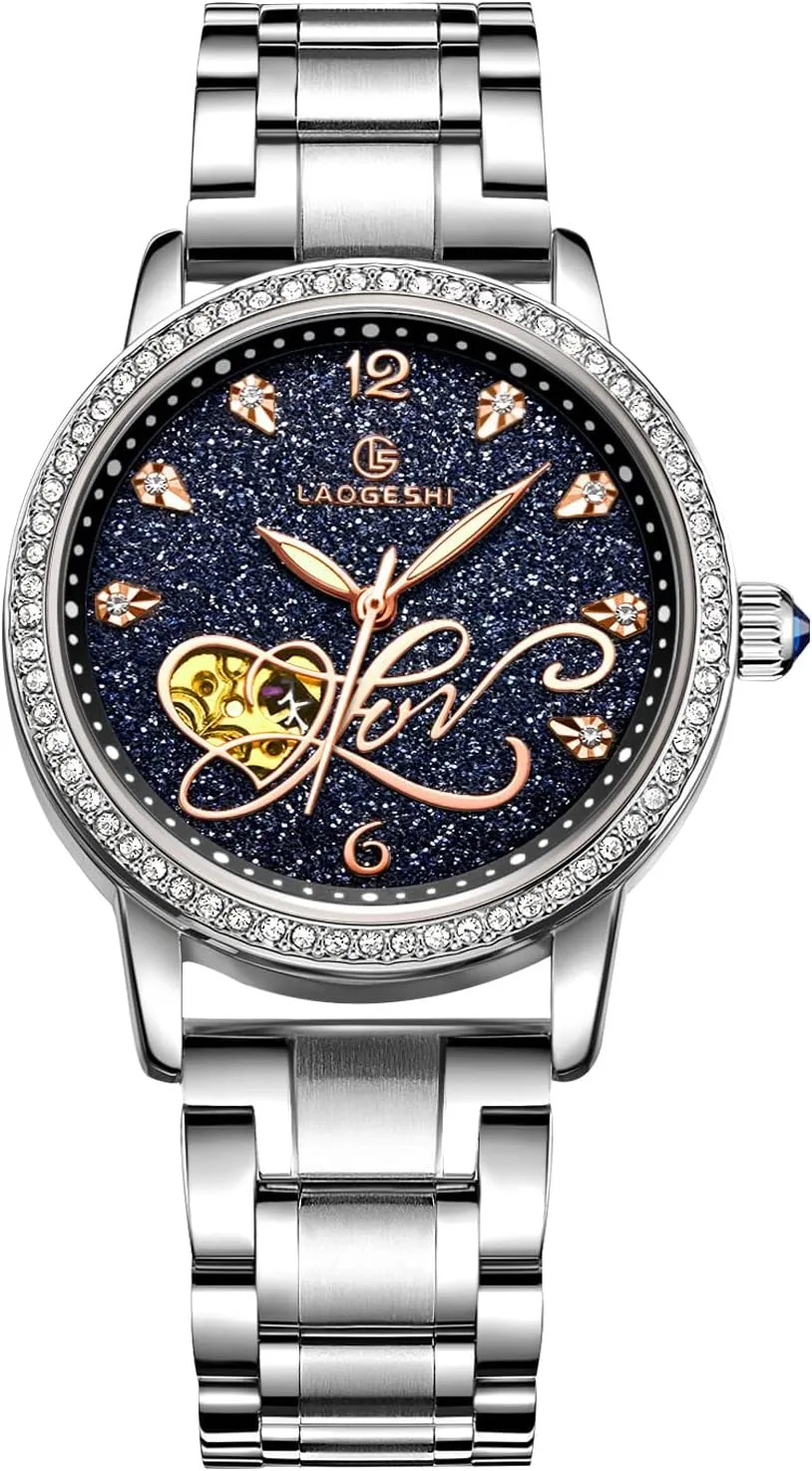 RORIOS Women Automatic Mechanical Watch Shining Starry Sky Luminous Simulated Diamond Dial Stainless Steel Strap Ladies Wristwatches