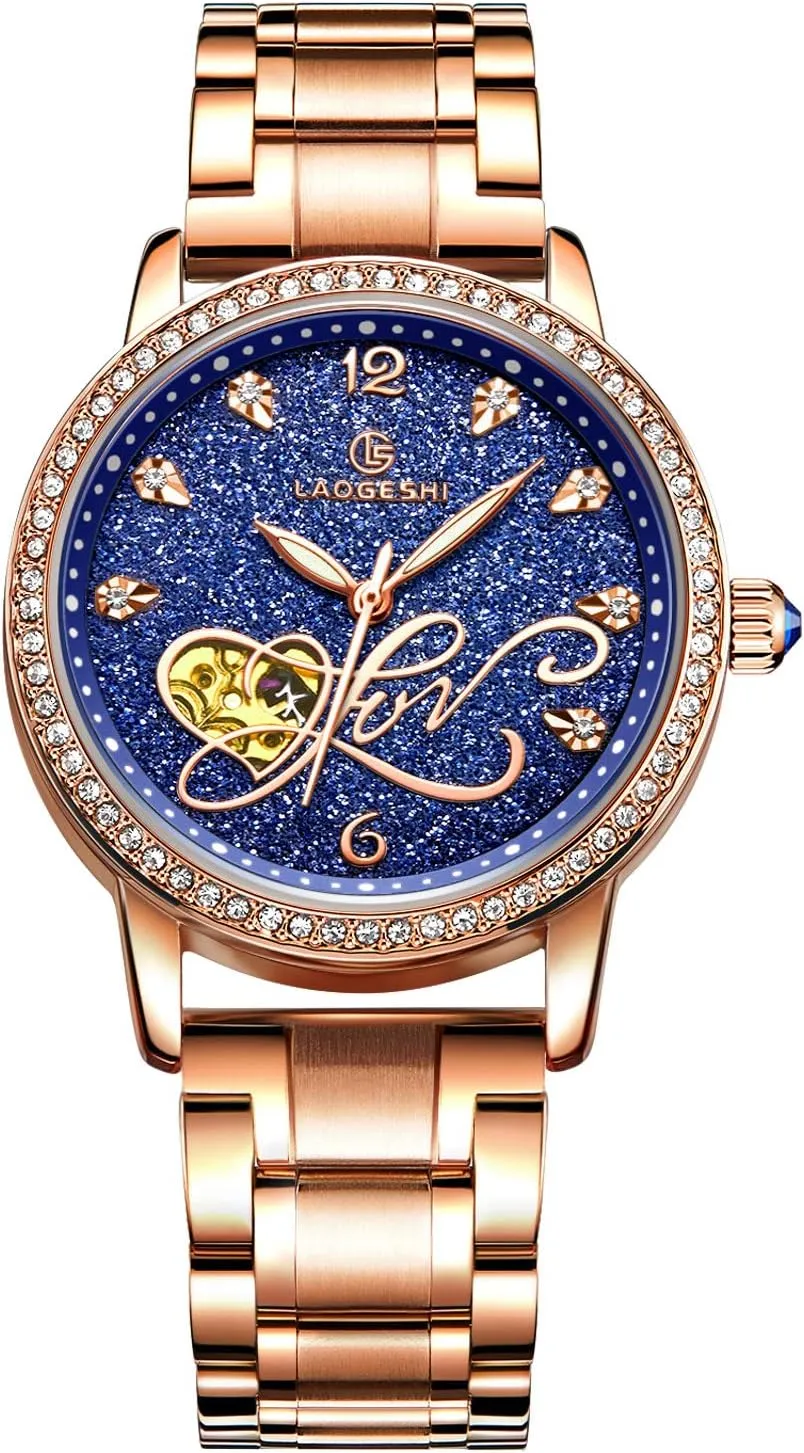 RORIOS Women Automatic Mechanical Watch Shining Starry Sky Luminous Simulated Diamond Dial Stainless Steel Strap Ladies Wristwatches