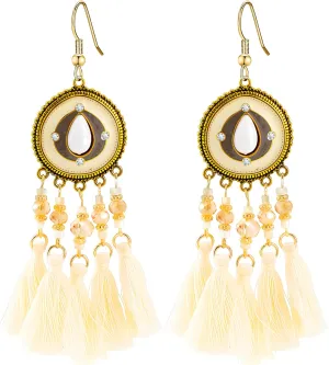 S925 Silver Post Bohemia Boho White Tassel Earrings Enamel Vintage Style Bead Line Fringe Dangle for Women Handcrafted Jewelry Gift