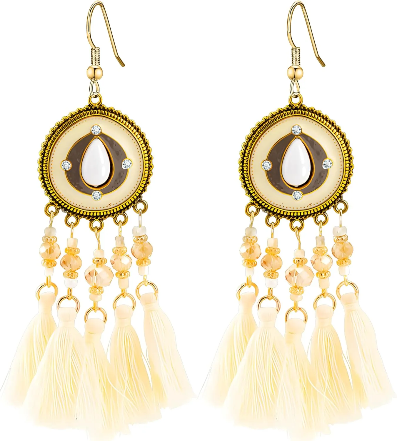 S925 Silver Post Bohemia Boho White Tassel Earrings Enamel Vintage Style Bead Line Fringe Dangle for Women Handcrafted Jewelry Gift