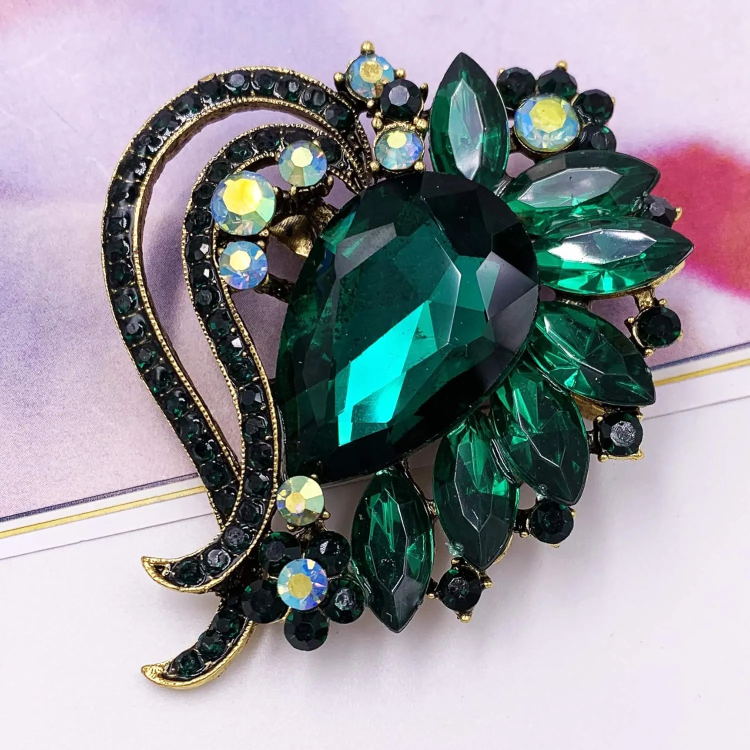 SELOVO Heart Rhinestone Scarf Brooch Pin Austrian Crystal Antiqued Silver Tone