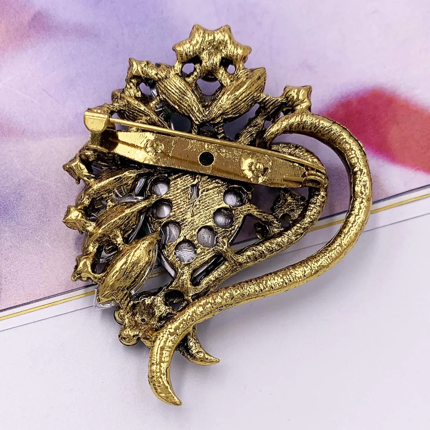 SELOVO Heart Rhinestone Scarf Brooch Pin Austrian Crystal Antiqued Silver Tone