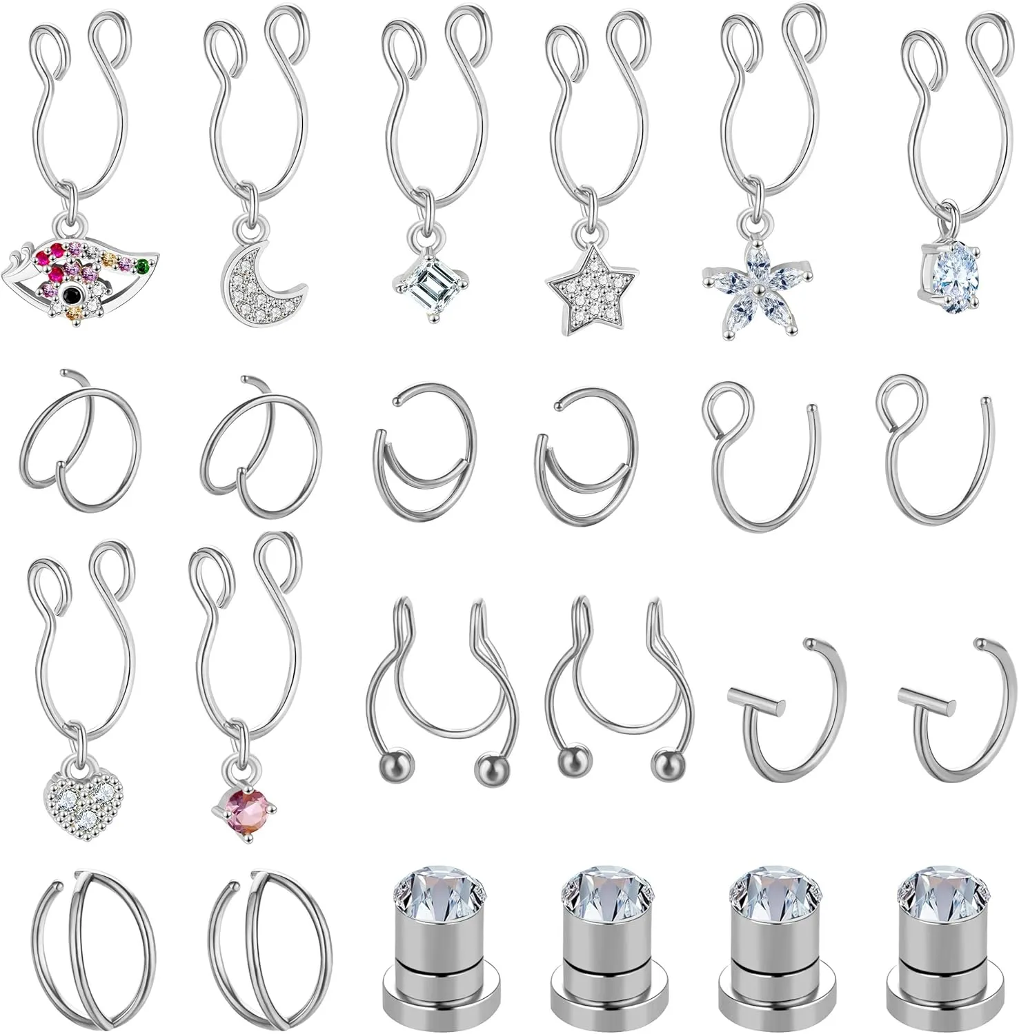 SENNI 24PCS Fake Nose Rings Hoops Ring Stainless Steel CZ Stainless Steel Fake Septum Fake Lip Rings Fake Nose Hoop Double Hoop Nose Ring Nose Ring Nose Cuffs Body Piercing Jewelry