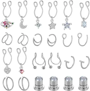 SENNI 24PCS Fake Nose Rings Hoops Ring Stainless Steel CZ Stainless Steel Fake Septum Fake Lip Rings Fake Nose Hoop Double Hoop Nose Ring Nose Ring Nose Cuffs Body Piercing Jewelry