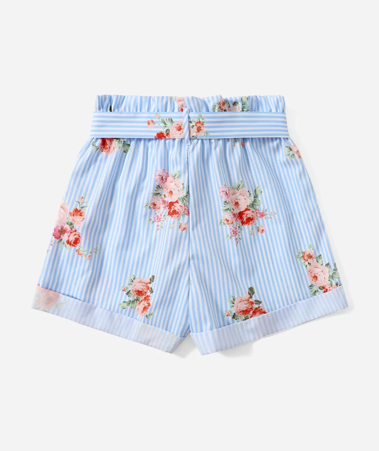 SHEIN Girls Floral & Striped Print Paperbag Waist Belted Summer Shorts - 9Y