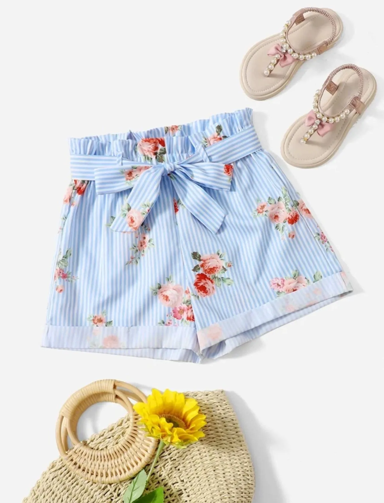 SHEIN Girls Floral & Striped Print Paperbag Waist Belted Summer Shorts - 9Y