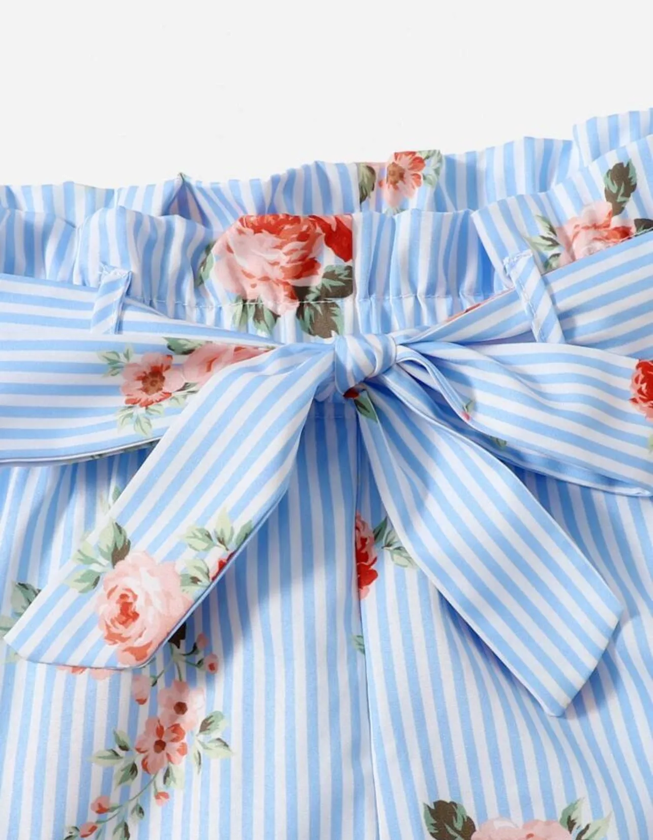 SHEIN Girls Floral & Striped Print Paperbag Waist Belted Summer Shorts - 9Y