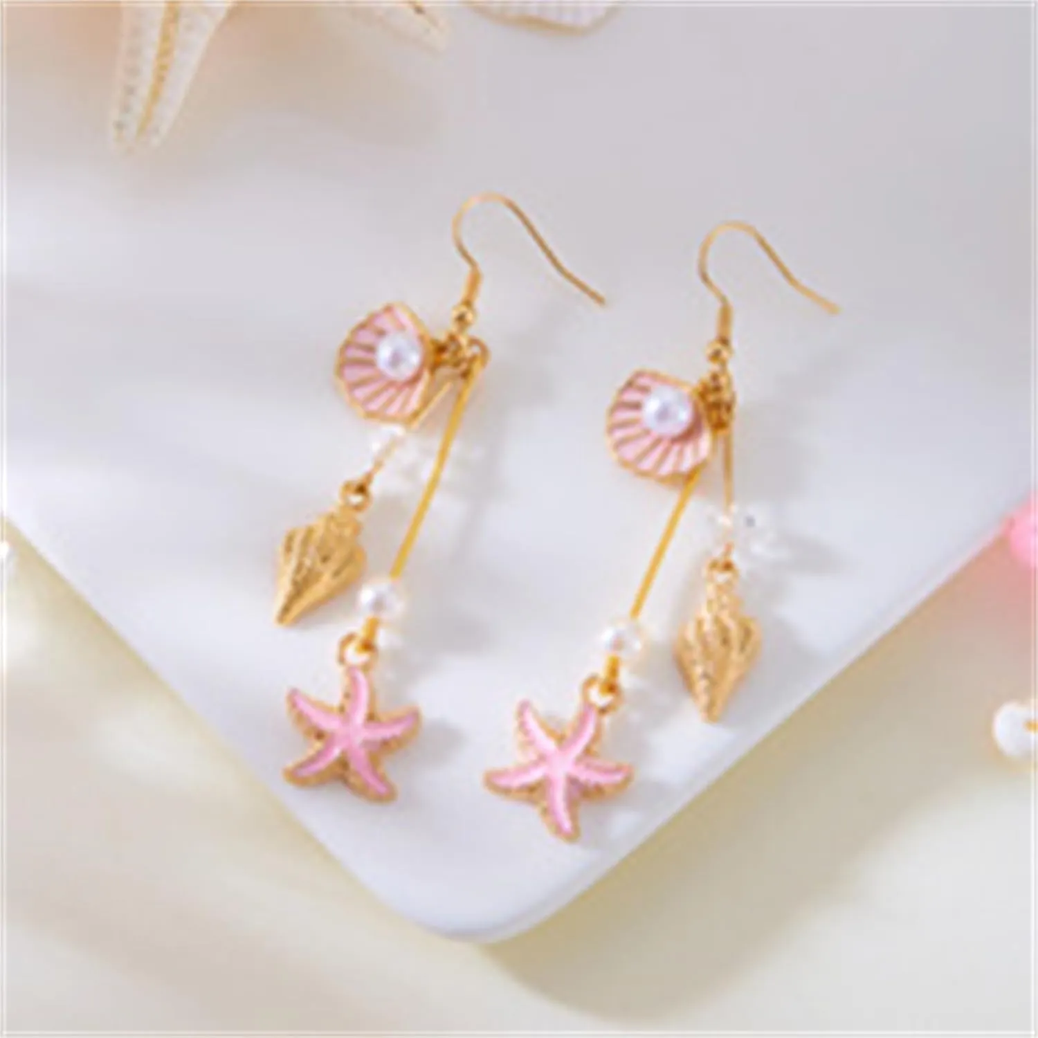 Shell Starfish Pearl Earrings Gold Plated Boho Seashell Cowrie Conch Sea Snail Scallop Ocean Animal Pearls Tassel Long Dangle Drop Earrings for Women Summer Hawaiian Beach Vacation Trendy Jewelry