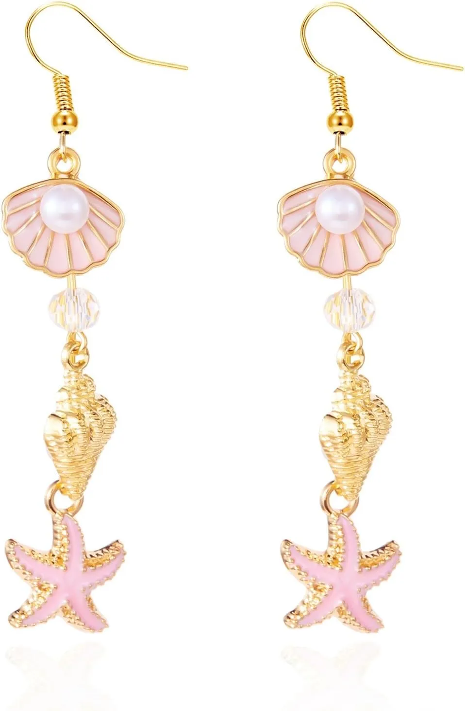 Shell Starfish Pearl Earrings Gold Plated Boho Seashell Cowrie Conch Sea Snail Scallop Ocean Animal Pearls Tassel Long Dangle Drop Earrings for Women Summer Hawaiian Beach Vacation Trendy Jewelry