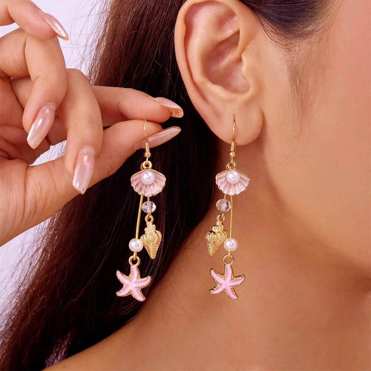 Shell Starfish Pearl Earrings Gold Plated Boho Seashell Cowrie Conch Sea Snail Scallop Ocean Animal Pearls Tassel Long Dangle Drop Earrings for Women Summer Hawaiian Beach Vacation Trendy Jewelry