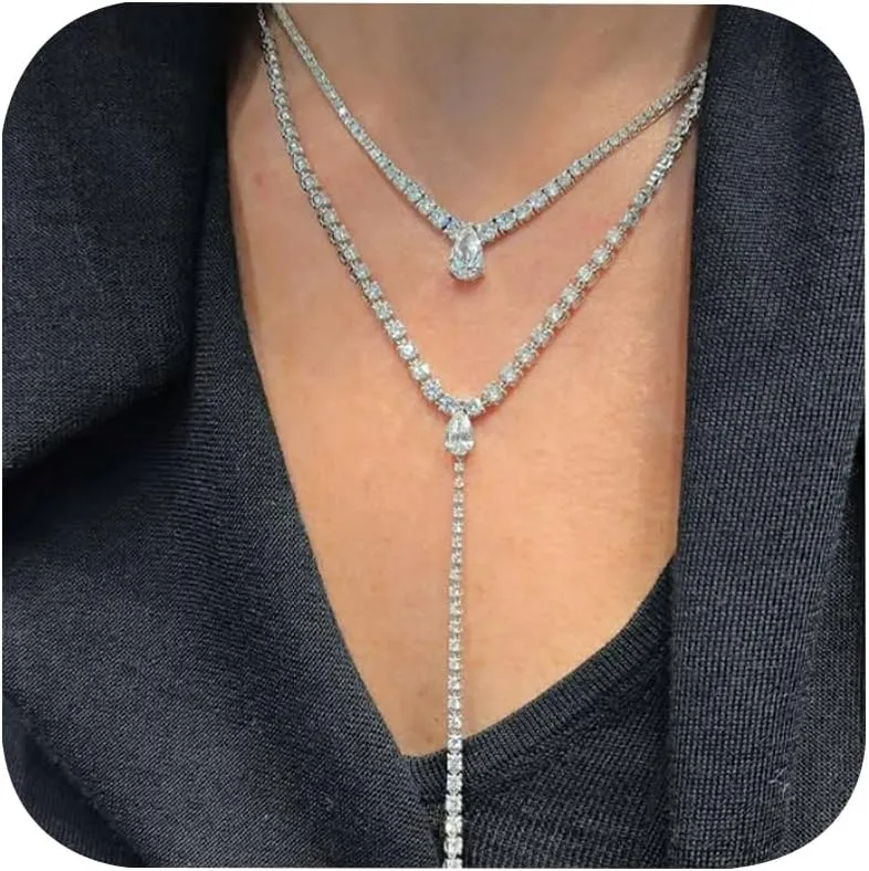 Silver Crystal Layered Necklaces for Women Non Tarnish Trendy Prom Jewelry Y Shaped Long Rhinestone Lariat Necklace for Wedding Gifts