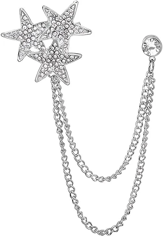 Silver Star Pin Brooch Rhinestone Suit Pin Accessories for Women Men Hanging Chain Collar Brooches Tie Pins Decorative Punk Y2K Star Jewelry Fashion Pins and Brooches for Clothes Hats Shirts