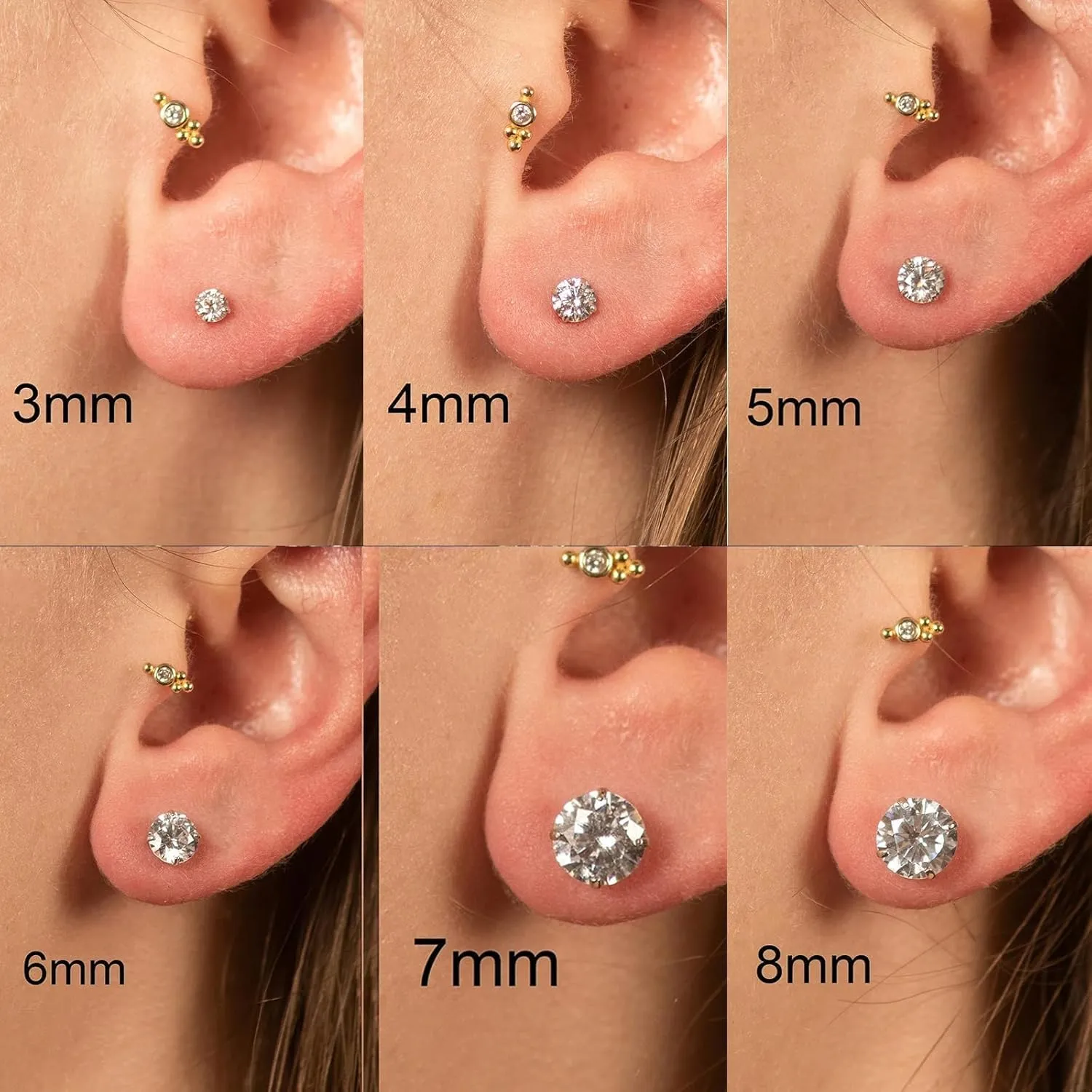 Silver Stud Earrings Set Cartilage Stud Earrings Hypoallergenic Cubic Zirconia Titanium Stainless Steel 3mm-8mm CZ Stud Earrings for Women