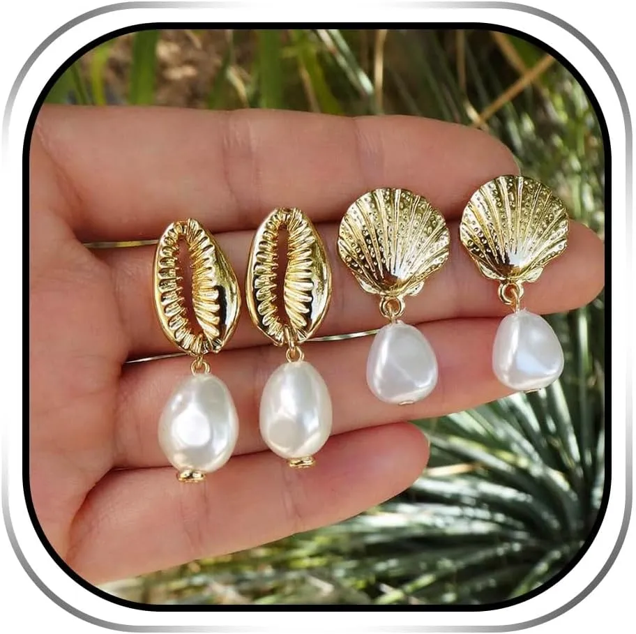 Sixexey Boho Earrings Set Gold Seashell Conch Earrings Pearl Ear Stud Earring Jewelry Summer Beach Earrings Jewelry for Women (2 Pairs)