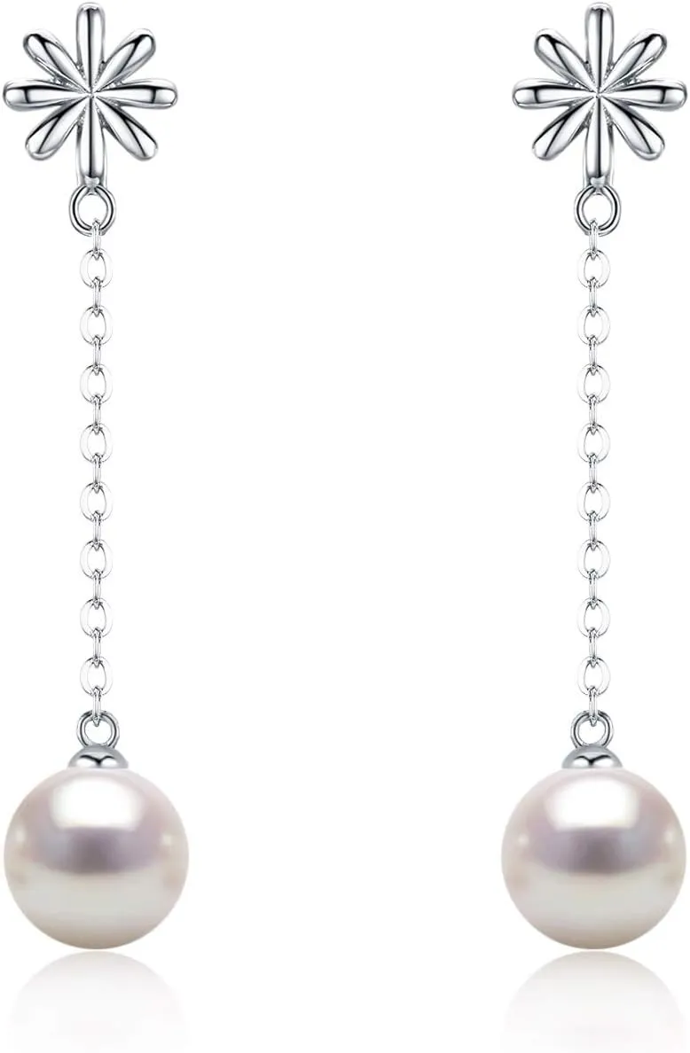 Sleek Minimalistic Flower White Pearl Dangle Earrings 8-8.5mm Gold Plated Sterling Silver - Jewelry Gifts for Women