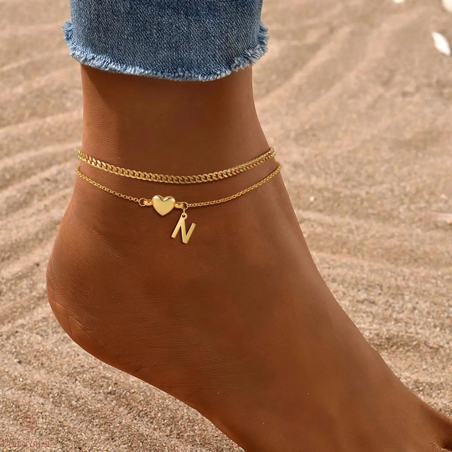 SLOONG Gold Initial Anklet Bracelets for Women, 14k Gold Plated Layered Letter A-Z Heart Anklet Dainty Trendy Waterproof Summer Beach Jewelry Gifts for Women