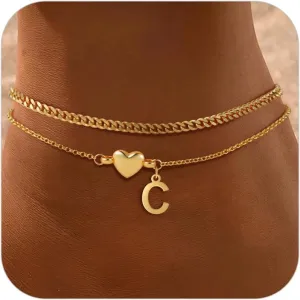 SLOONG Gold Initial Anklet Bracelets for Women, 14k Gold Plated Layered Letter A-Z Heart Anklet Dainty Trendy Waterproof Summer Beach Jewelry Gifts for Women