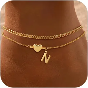 SLOONG Gold Initial Anklet Bracelets for Women, 14k Gold Plated Layered Letter A-Z Heart Anklet Dainty Trendy Waterproof Summer Beach Jewelry Gifts for Women