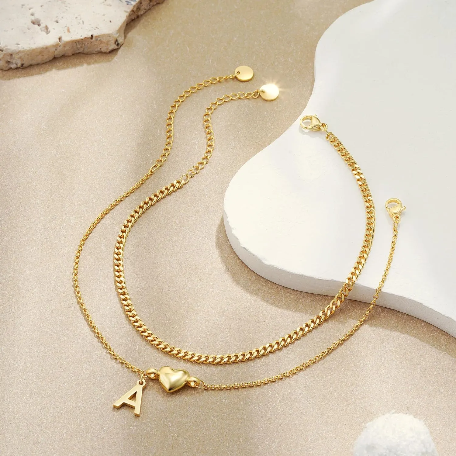SLOONG Gold Initial Anklet Bracelets for Women, 14k Gold Plated Layered Letter A-Z Heart Anklet Dainty Trendy Waterproof Summer Beach Jewelry Gifts for Women