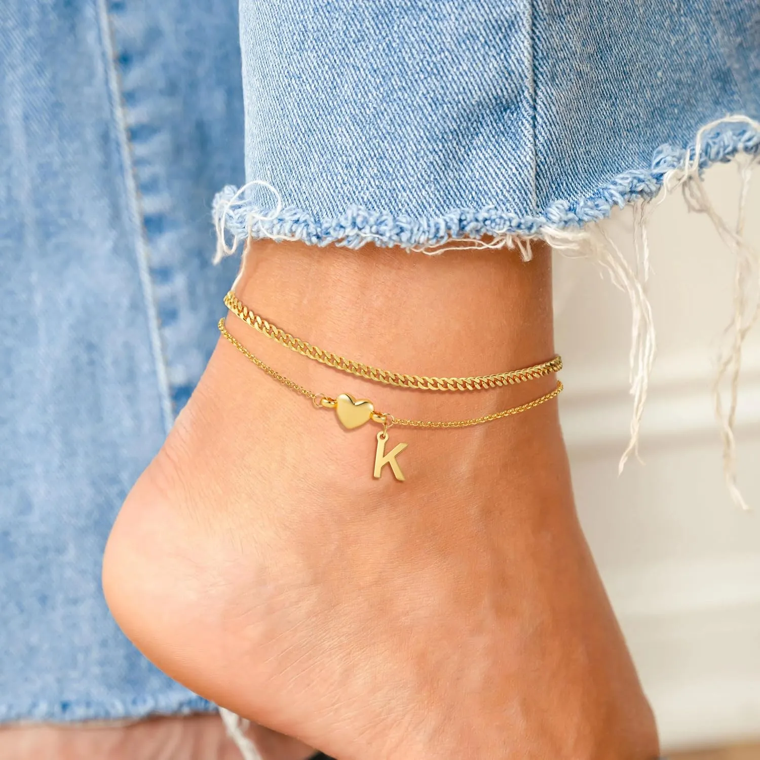 SLOONG Gold Initial Anklet Bracelets for Women, 14k Gold Plated Layered Letter A-Z Heart Anklet Dainty Trendy Waterproof Summer Beach Jewelry Gifts for Women