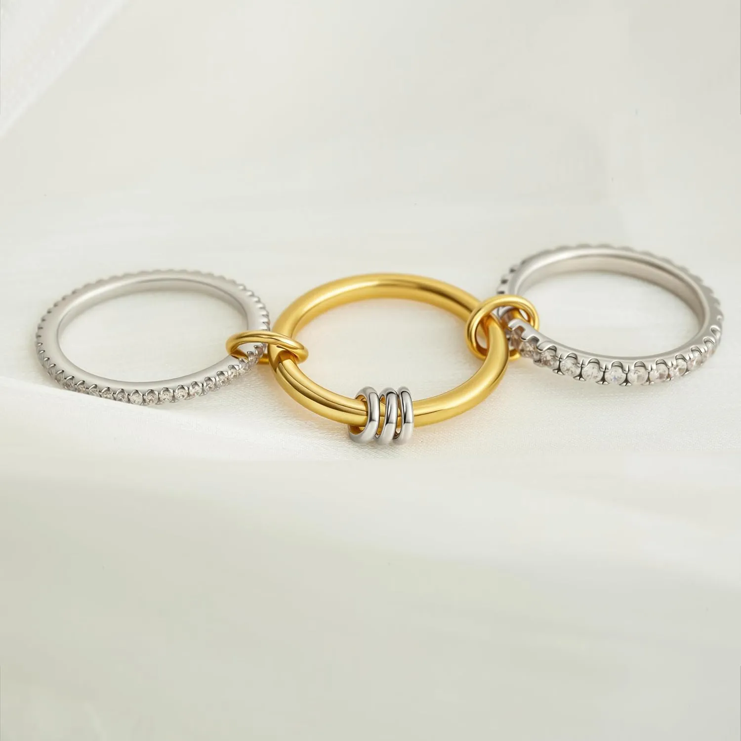 Stackable Rings for Women, Multicolored Connected Ring Set, Gold Silver Multi-Link Connected Ring, Stackable Cubic Zirconia Rings Set