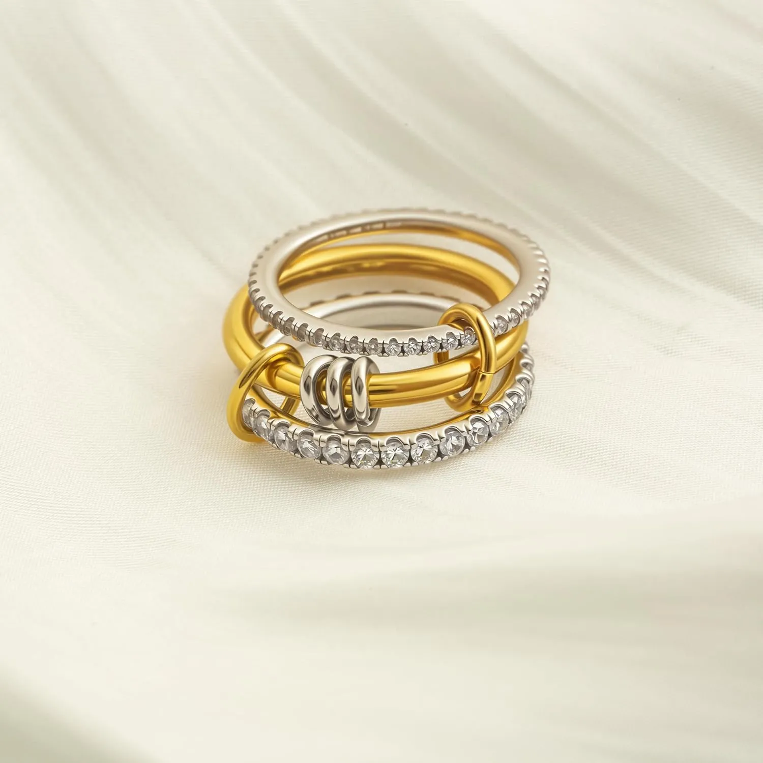 Stackable Rings for Women, Multicolored Connected Ring Set, Gold Silver Multi-Link Connected Ring, Stackable Cubic Zirconia Rings Set