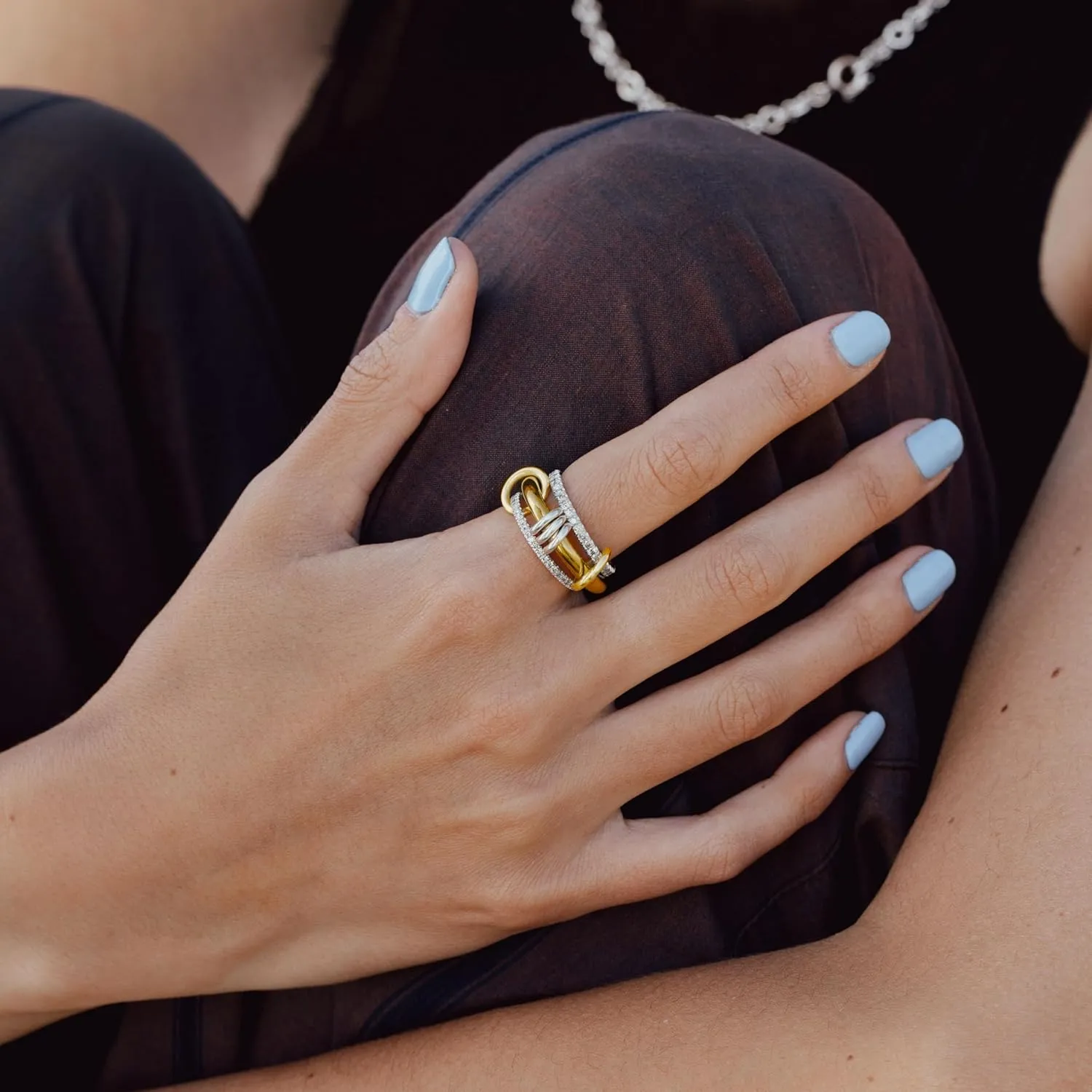 Stackable Rings for Women, Multicolored Connected Ring Set, Gold Silver Multi-Link Connected Ring, Stackable Cubic Zirconia Rings Set