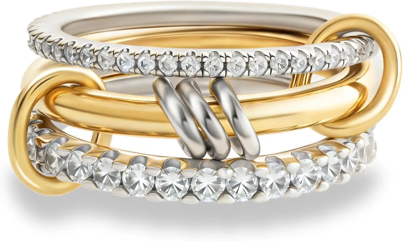 Stackable Rings for Women, Multicolored Connected Ring Set, Gold Silver Multi-Link Connected Ring, Stackable Cubic Zirconia Rings Set