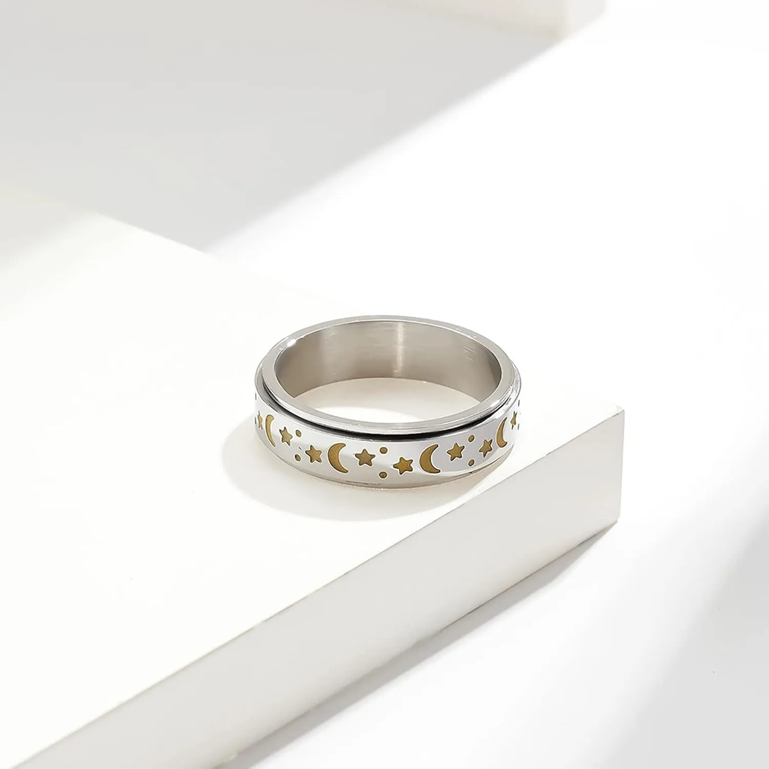 Stainless Steel Shiny Stars Moon Glowable Rings Suitable for Couples Relief Stress Anti-Anxiety Commitment Luminous Ring Size 4-12