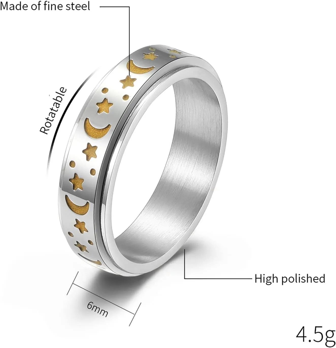 Stainless Steel Shiny Stars Moon Glowable Rings Suitable for Couples Relief Stress Anti-Anxiety Commitment Luminous Ring Size 4-12