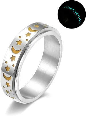 Stainless Steel Shiny Stars Moon Glowable Rings Suitable for Couples Relief Stress Anti-Anxiety Commitment Luminous Ring Size 4-12