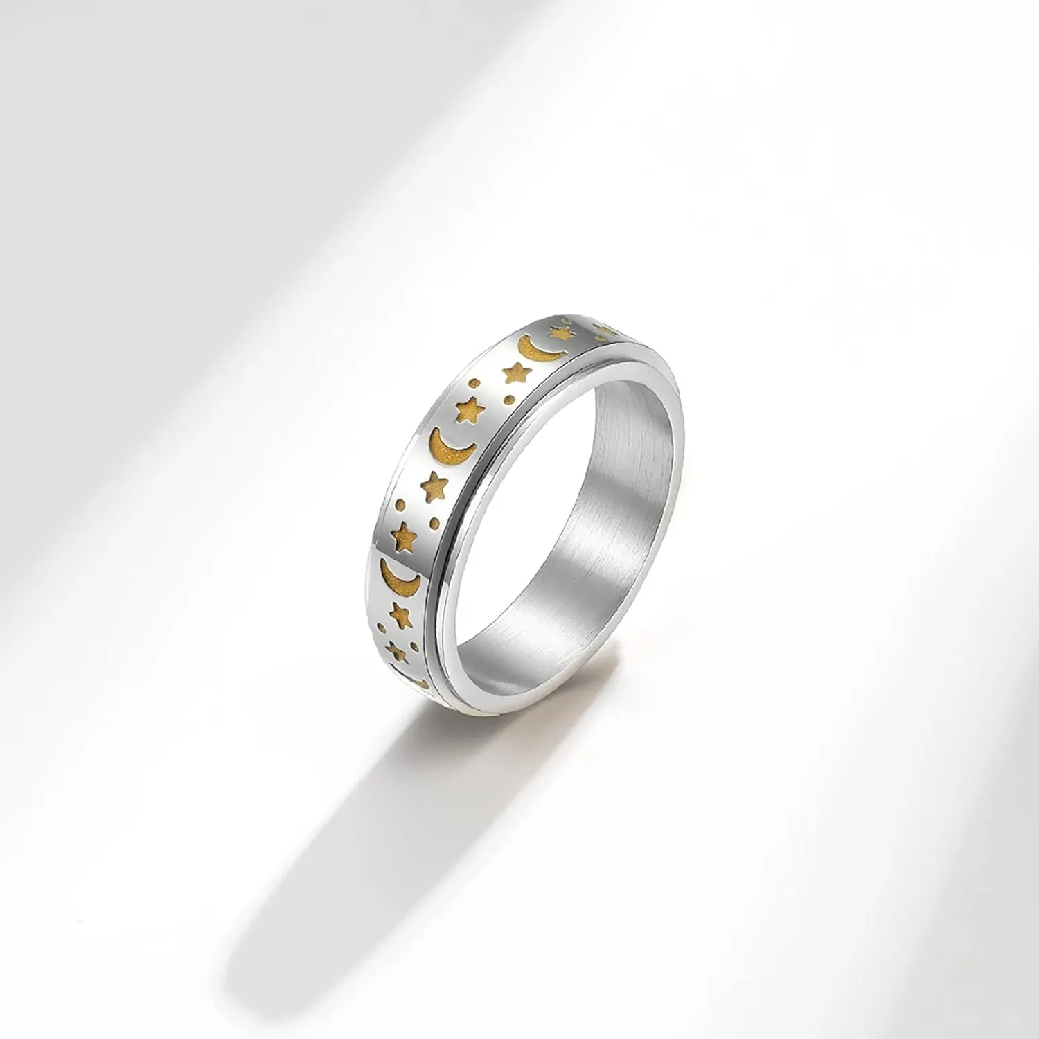 Stainless Steel Shiny Stars Moon Glowable Rings Suitable for Couples Relief Stress Anti-Anxiety Commitment Luminous Ring Size 4-12