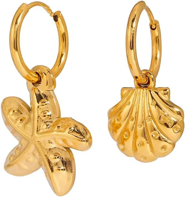 Starfish Seashell Dangle Hoop Earrings for Women 18k Gold Plated Stainless Steel Asymmetric Huggie Hoops Boho Beach Charm Fashion Sea Ocean Life Jewelry Hypoallergenic Summer Vacation Everyday Wear