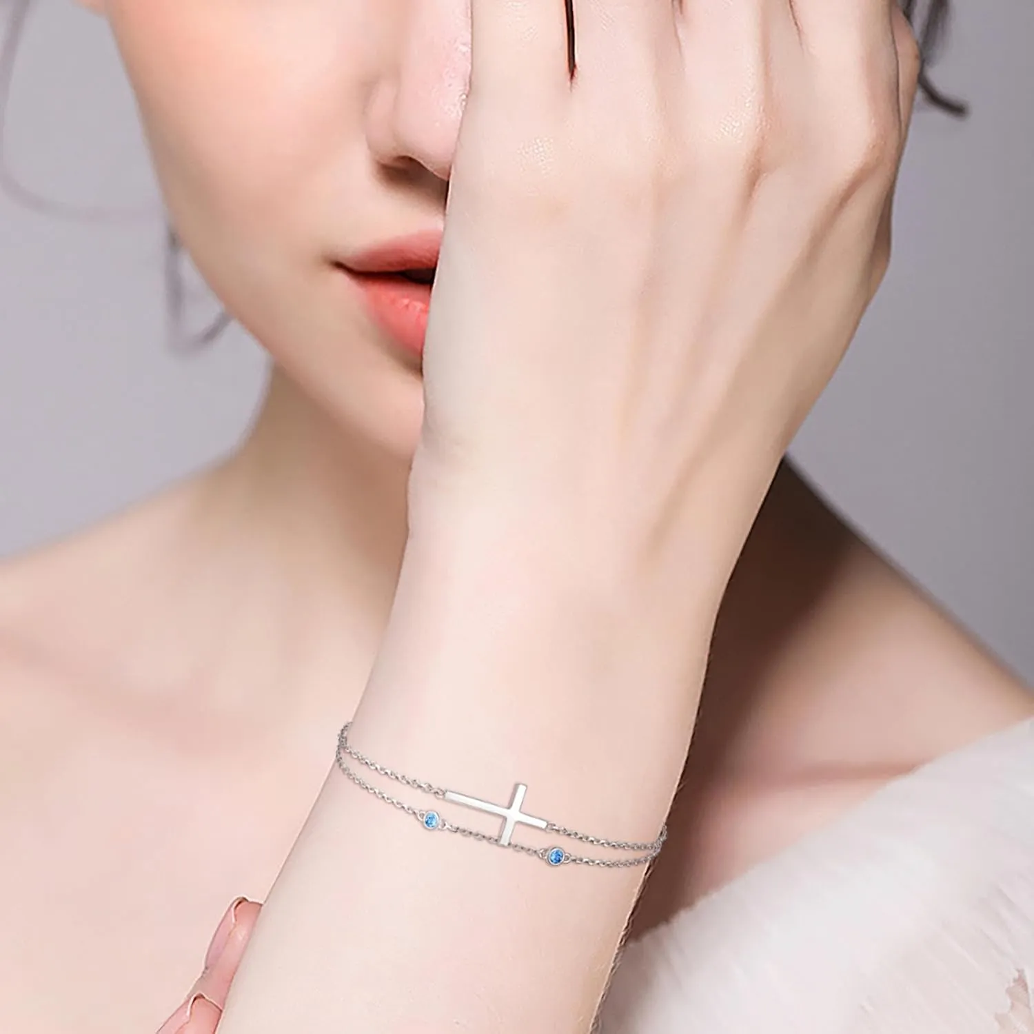 Sterling Silver Cross Birthstone Bracelet: Women Cross Month Stone Double Layer Chain Bracelet Birthday Gift
