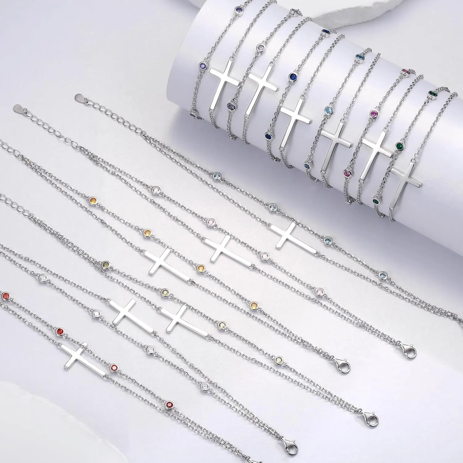 Sterling Silver Cross Birthstone Bracelet: Women Cross Month Stone Double Layer Chain Bracelet Birthday Gift