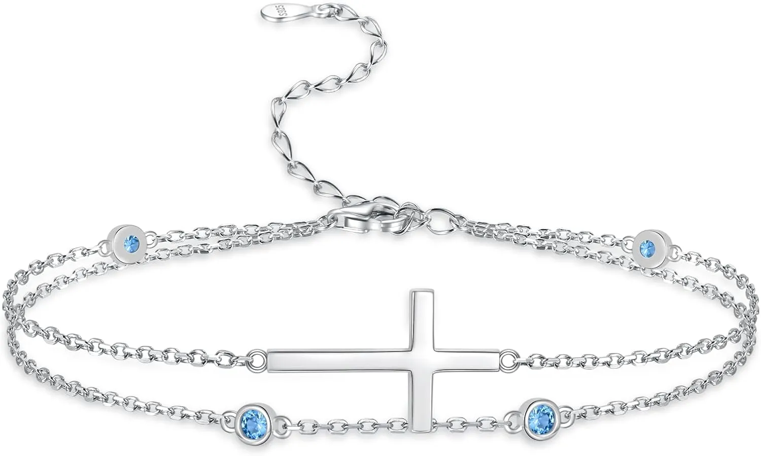 Sterling Silver Cross Birthstone Bracelet: Women Cross Month Stone Double Layer Chain Bracelet Birthday Gift