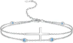 Sterling Silver Cross Birthstone Bracelet: Women Cross Month Stone Double Layer Chain Bracelet Birthday Gift
