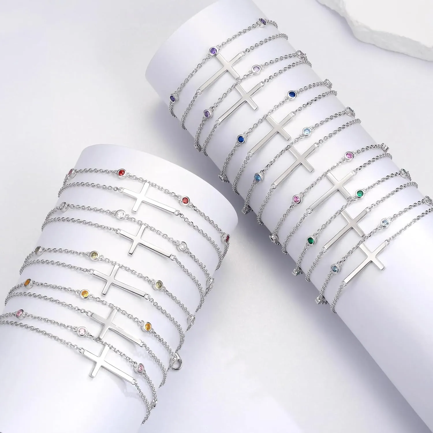 Sterling Silver Cross Birthstone Bracelet: Women Cross Month Stone Double Layer Chain Bracelet Birthday Gift