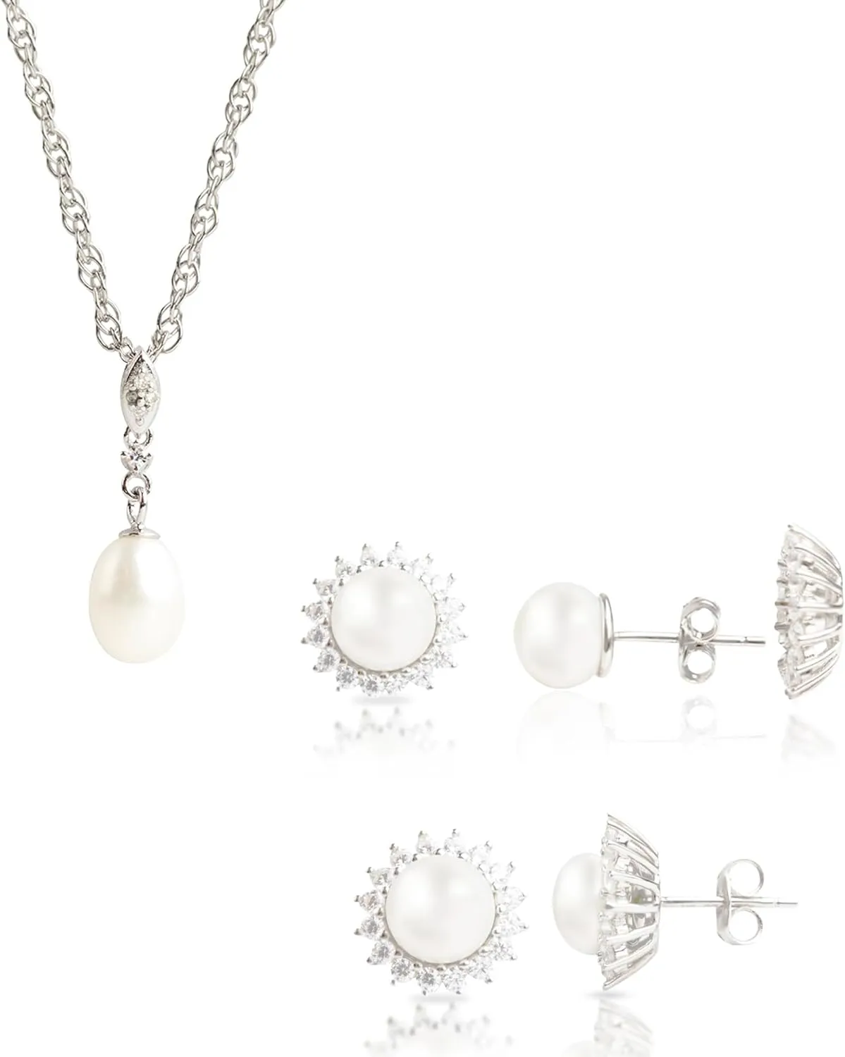 Sterling Silver Freshwater Pearl Stud Earrings and Necklace for Women | Real Pearl Stud with Removable Cubic Zirconia Crown Jacket & Cultured Single Pearl Drop Pendant with Diamond Accent by MAX STONE