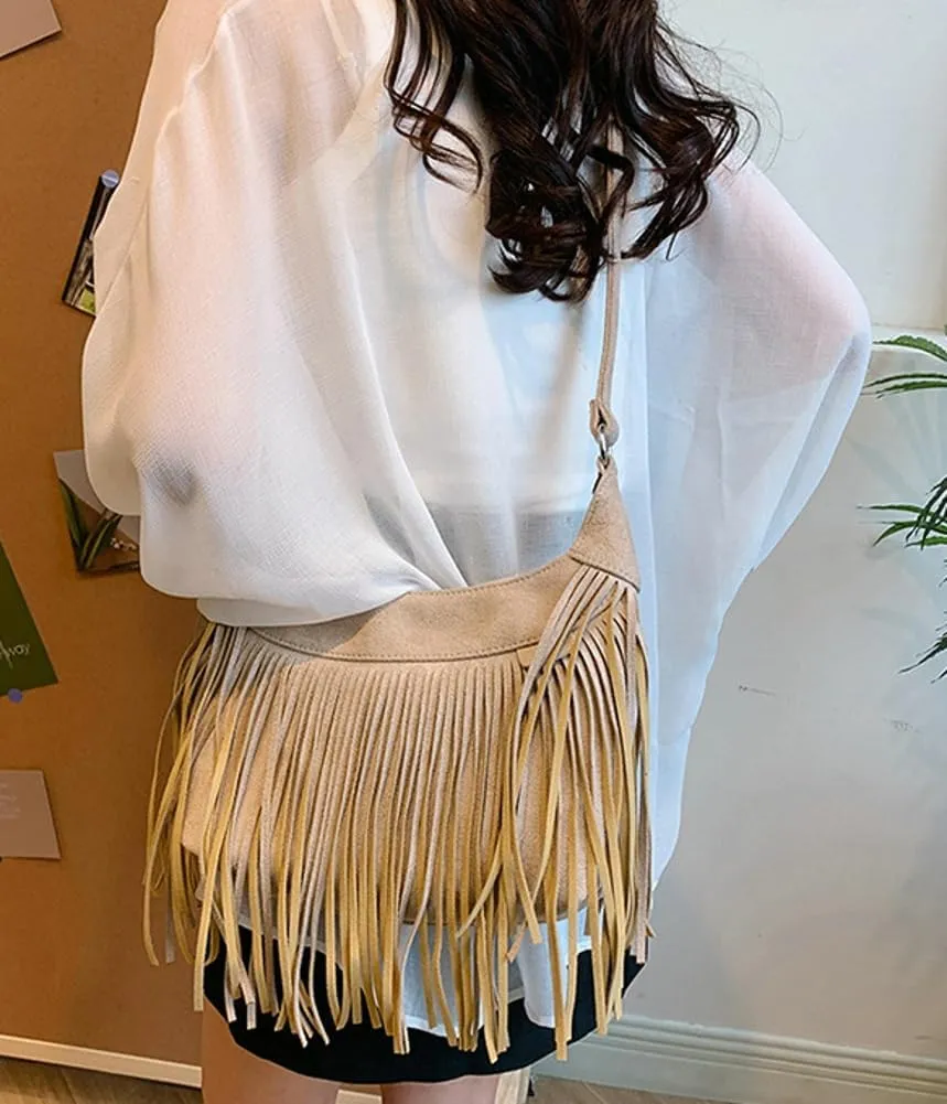 Stylish Suede Hobo Bag for Women Retro Shoulder Bag Large Capacity Tassel Hippie Crossbody Bag with Exquisite Fringe 2024