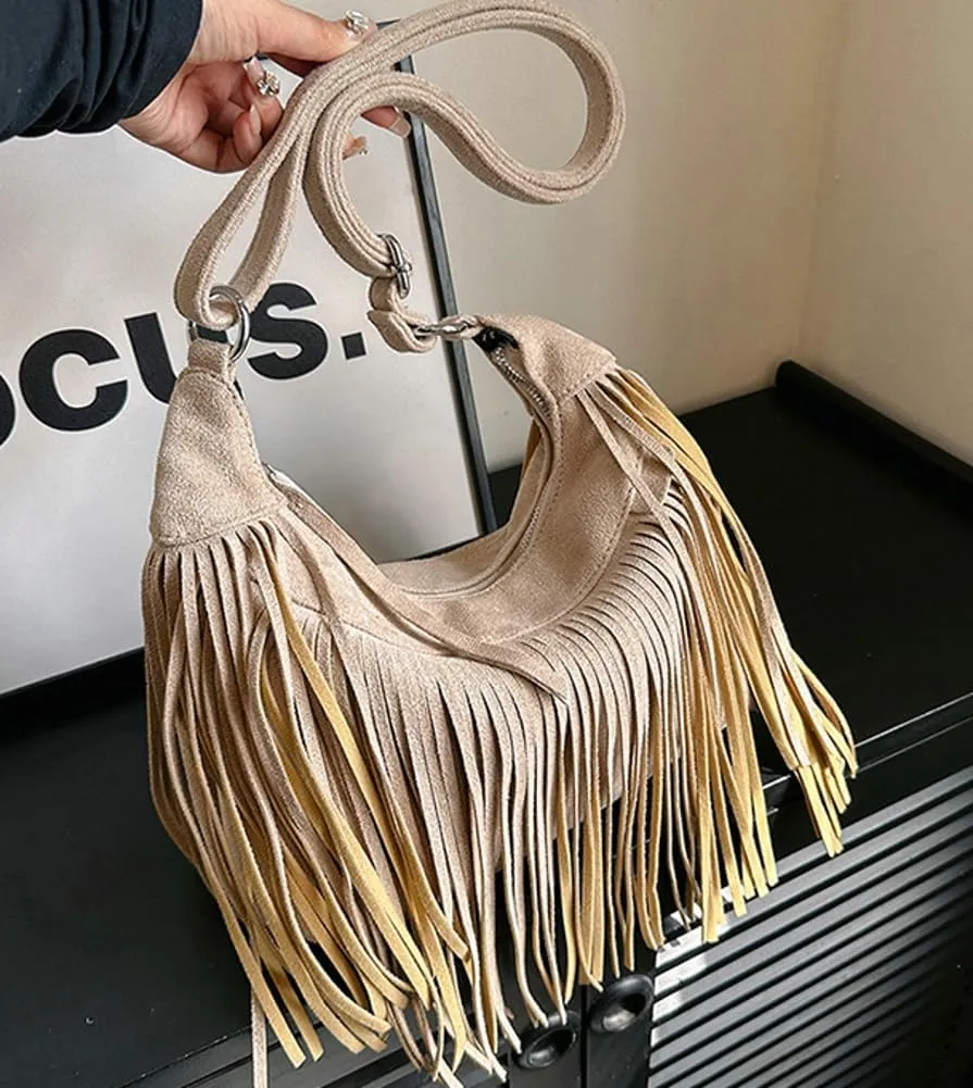 Stylish Suede Hobo Bag for Women Retro Shoulder Bag Large Capacity Tassel Hippie Crossbody Bag with Exquisite Fringe 2024